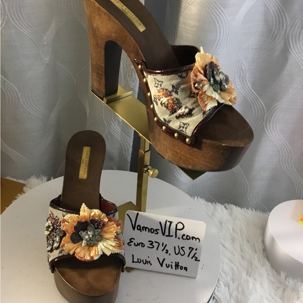 Louis Vuitton Monogram Brown and Cream Floral Platform Mules